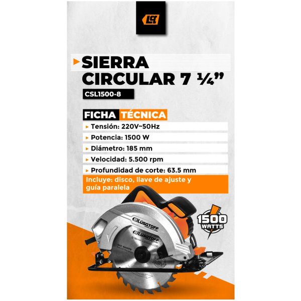Sierra Circular Eléctrica Lüsqtoff Csl1500-8 185mm 1500w - Imagen 2