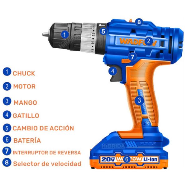 Taladro Atornillador Wadfow C/percutor + 2 Baterías 20v 10mm - Imagen 3