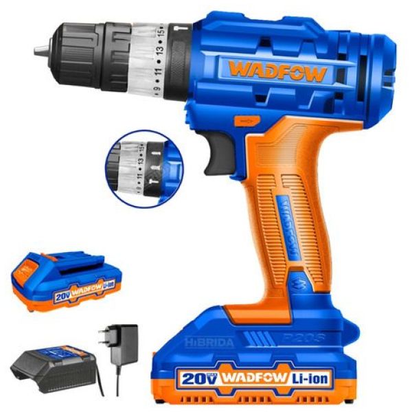 Taladro Atornillador Wadfow C/percutor + 2 Baterías 20v 10mm