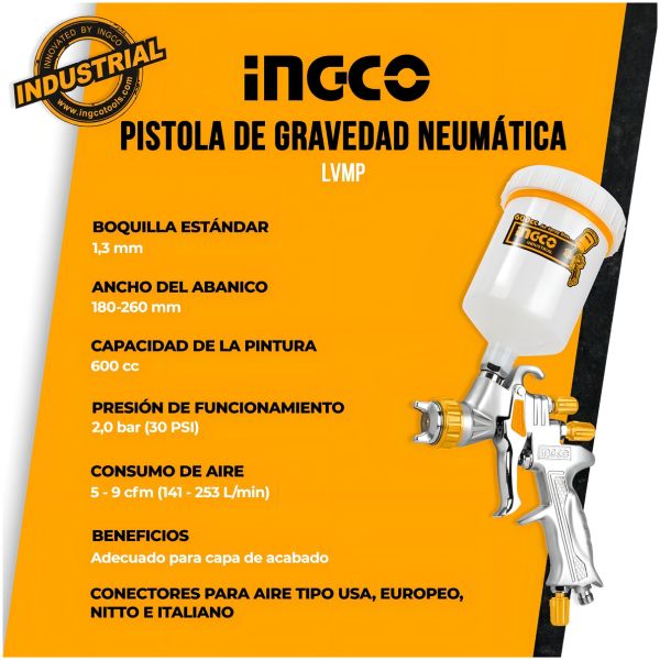 Pistola Para Pintar De Gravedad Lvmp Ingco 600 Ml Industrial - Imagen 2