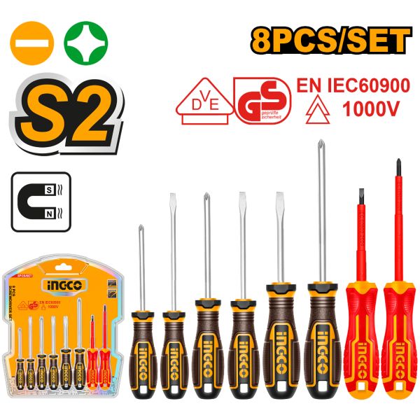 Set De 8 Piezas Destornilladores Comunes Y Aislados Ingco - Imagen 2