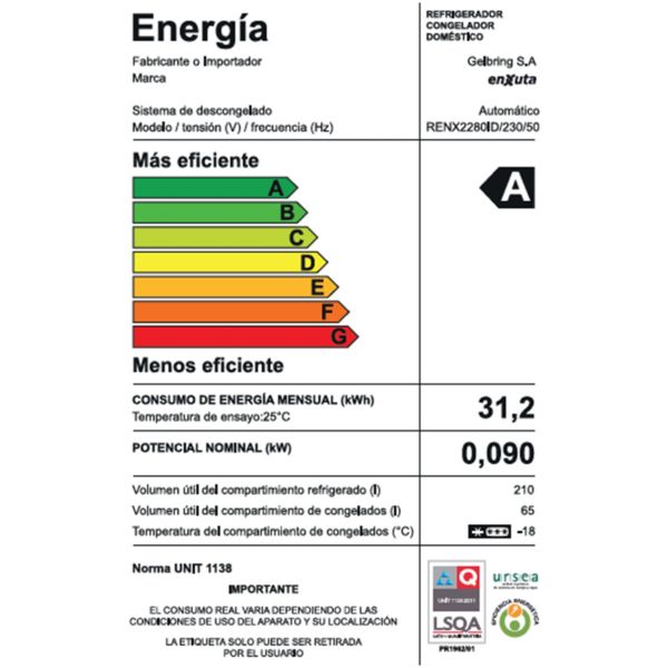 Refrigerador Enxuta Frio Seco 275 Lts Inox Con Dispensador - Imagen 3
