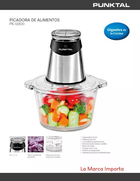Picadora Eléctrica Punktal Inox Vaso De Vidrio 1,8 Lt 500 W. - Imagen 2