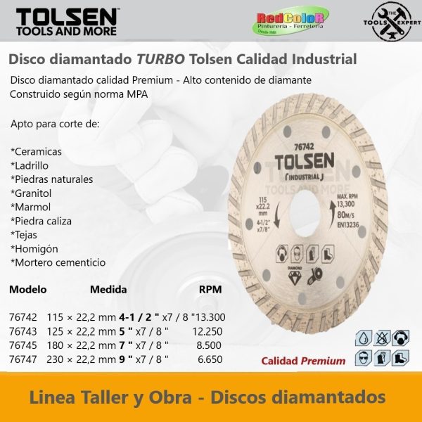 Disco De Corte Diamantado Turbo 9'' Industrial Tolsen 76747 - Imagen 2