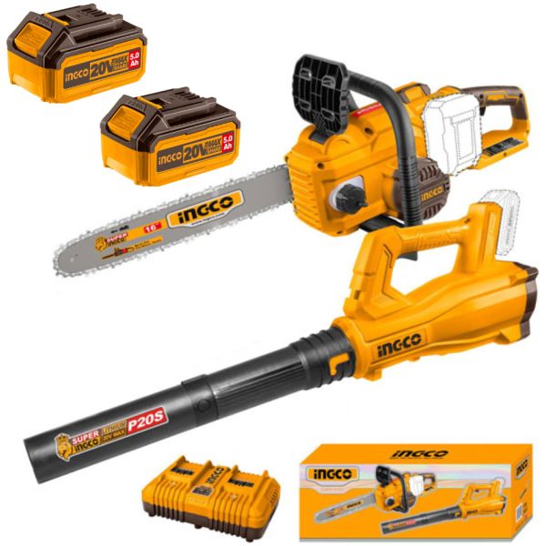 Kit Motosierra + Soplador Inalámbricos + 2 Bat 5.0ah Ingco