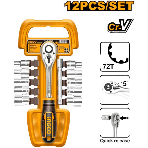 Set 12pcs Crique + Dados Cr-v 3/8 Ingco Hkts38122