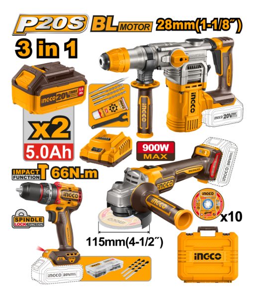 Kit Combo A Bateria 20v Taladro Amoladora Rotomartillo Ingco - Imagen 2