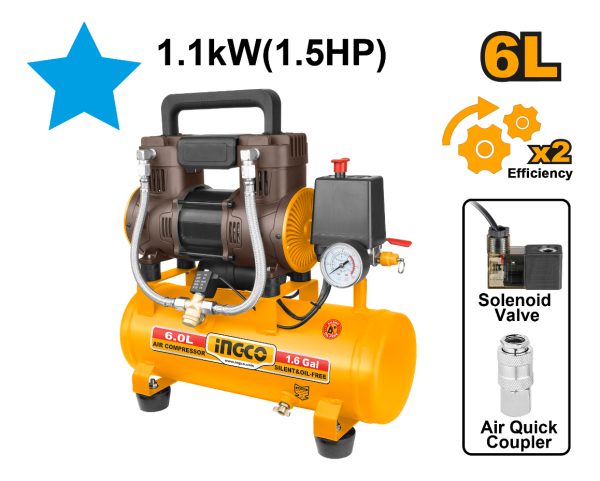 Compresor 6lt 1.5hp Libre De Aceite Bajo Ruido Ingco - Imagen 2