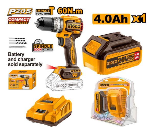 Taladro Atornillador Bl 13mm 20v + Batería 4ah + Carg Ingco - Imagen 2