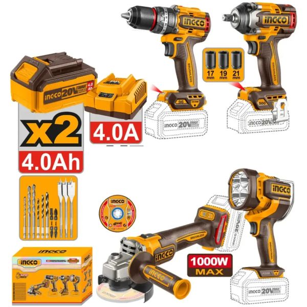 Kit Ingco 4 Herramientas Inalambricas P20s 20v Con Baterias