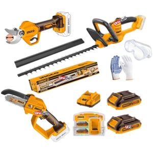 Kit Jardin Corta Cerco, Tijera 20v, Motosierra +2 Bat Ingco
