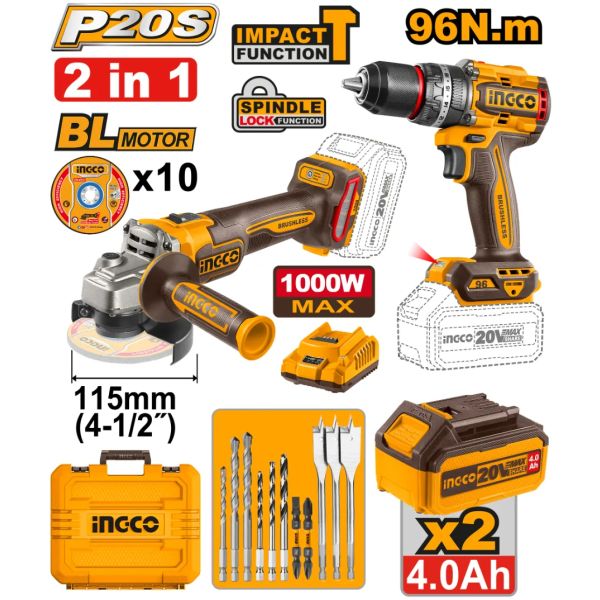 Kit A Batería Taladro 96nm Y Amoladora C/2 Bat Ingco