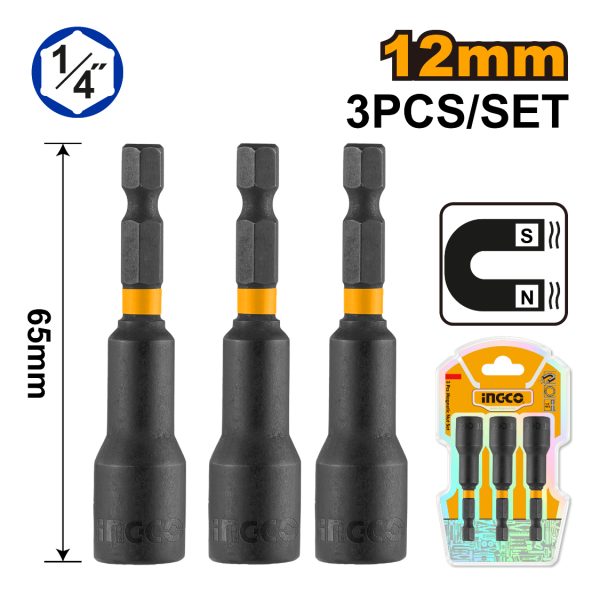 Set X3 Dados Imantados 12mm Con Encastre 1/4 Amn1231 Ingco - Imagen 2