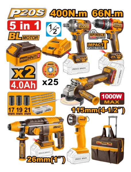 Kit Herramient Brushless 20v Baterias 4ah Bolso Ingco Ckli20 - Imagen 2