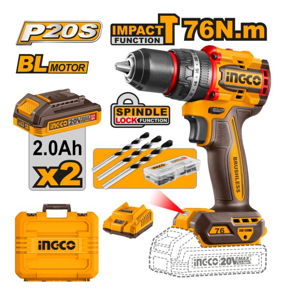 Taladro Atornillador Percutor 2 Baterías 20v 76nm Ingco Cidl - Imagen 2