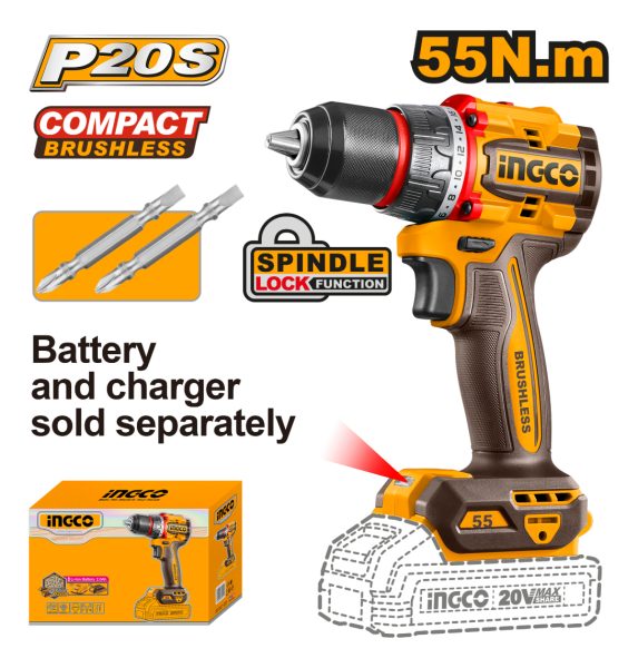 Taladro Atornillador Bateria Ingco 20v 55nm +2 Puntas S/bat - Imagen 2