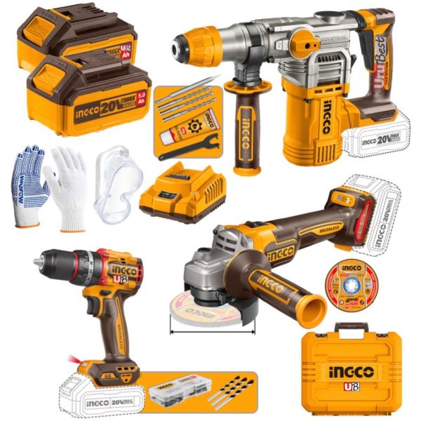 Kit Taladro Amoladora Rotomartillo 20v C/ 2 Baterias Ingco