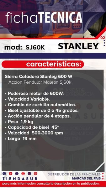 Sierra Caladora Stanley 600w Velocidad Variable Con Maletín - Imagen 6