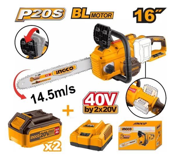 Motosierra 40v 16 Cgsli40168 C/2 Baterias + Carg Ingco - Imagen 2