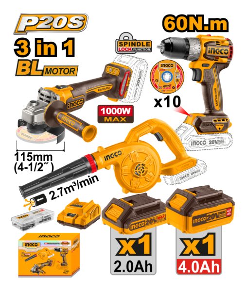 Kit Amoladora Taladro Sopladora Ingco 20v Cosli241192 - Imagen 2