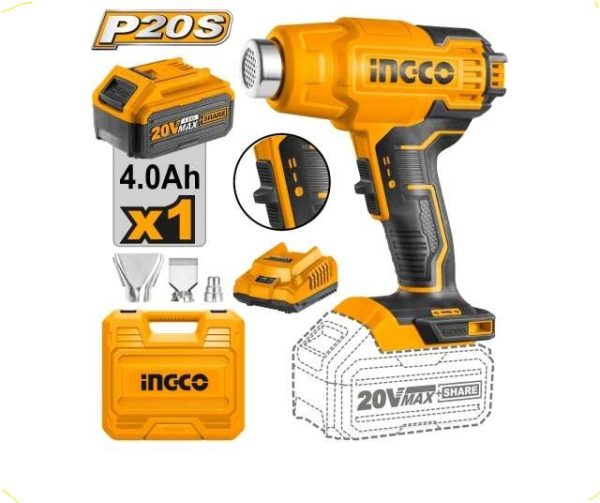 Pistola De Calor 20v Ingco Batería 4 Ah + Cargador Hgli20025 - Imagen 2