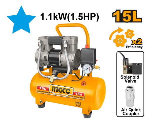 Compresor 15lt 1.5hp Libre De Aceite Bajo Ruido Ingco Acs111 - Imagen 2
