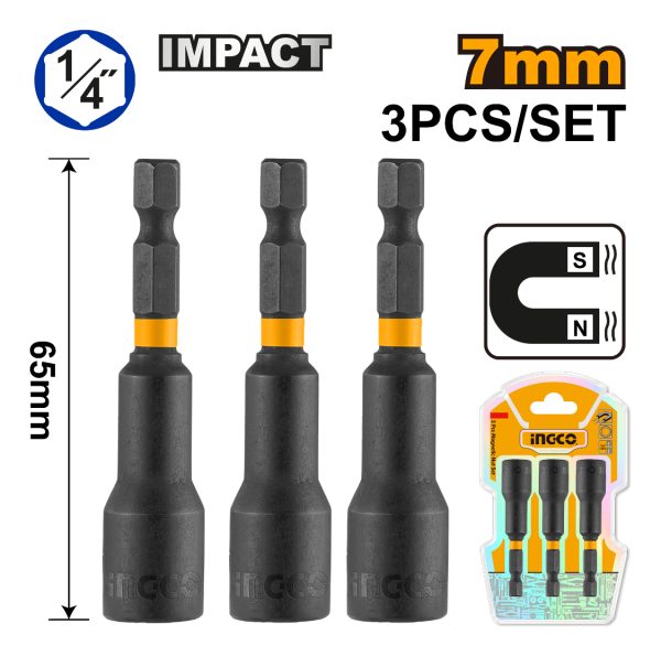 Set X 3 Adaptador Impacto Imantado 7mm 1/4 Largo 65mm Ingco - Imagen 2