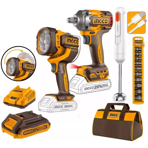 Llave De Impacto 400nm 20v +linterna 2000lm +mixer Bat Ingco