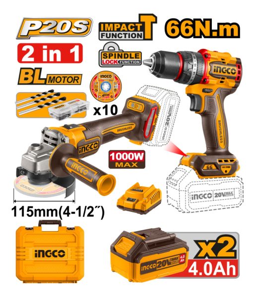 Kit Amoladora 20v + Taladro Atornillador 13mm Ingco +valija - Imagen 2