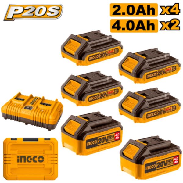 Set X 6 Baterias 20v P20s 4x2ah 2x4ah Cargador Doble Ingco C