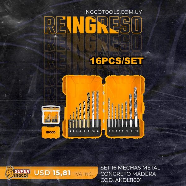Set 16 Mechas Metal Concreto Madera Akdl11601 Ingco - Imagen 2