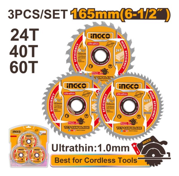 Set X3 Discos 6 1/2 165mm 24t/40t/60t Ingco - Tsb16503 - Imagen 2