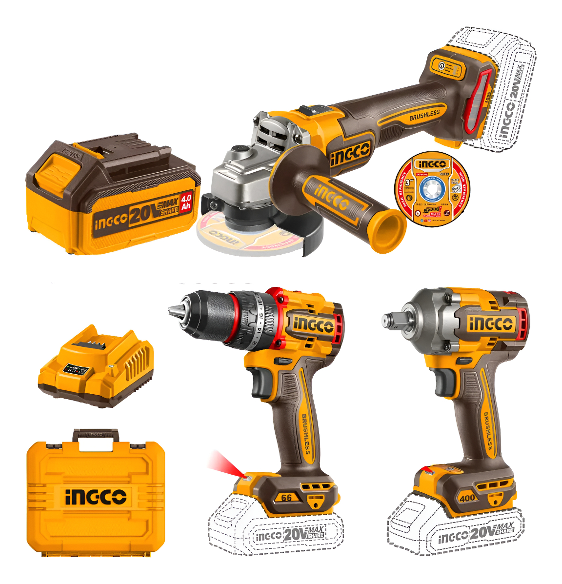 Ingco Cosli241291 Kit Combo Bateria Amoladora Taladro Llave