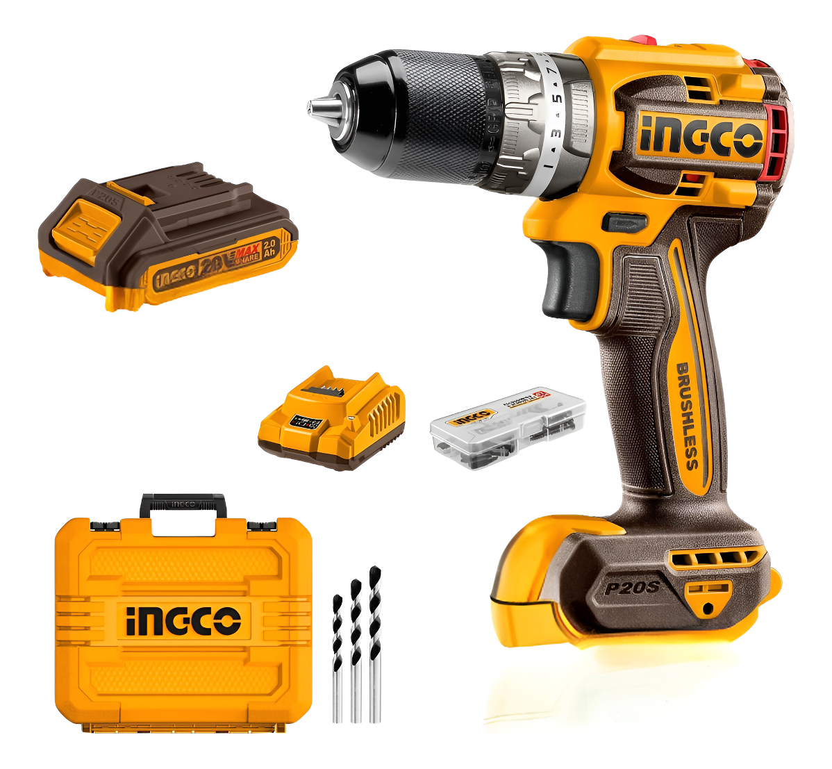 Taladro Percutor Atornillador Ingco 20v, Sin Carbones, 2 Bat