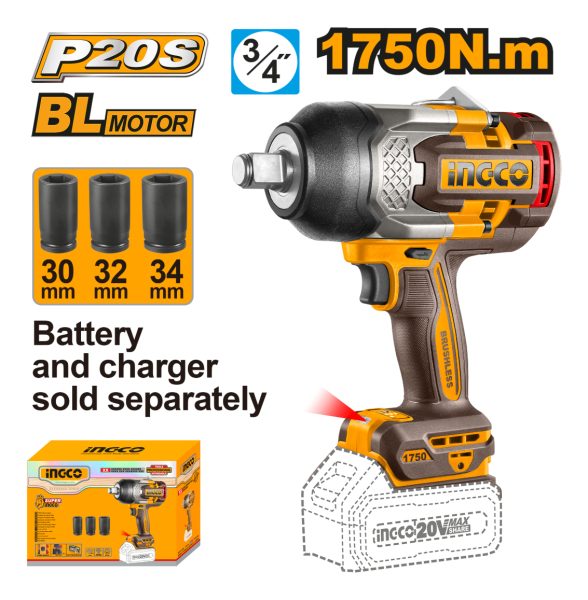 Llave De Impacto 1750nm 20v + 3 Dados Sin Bat Ingco - Imagen 2