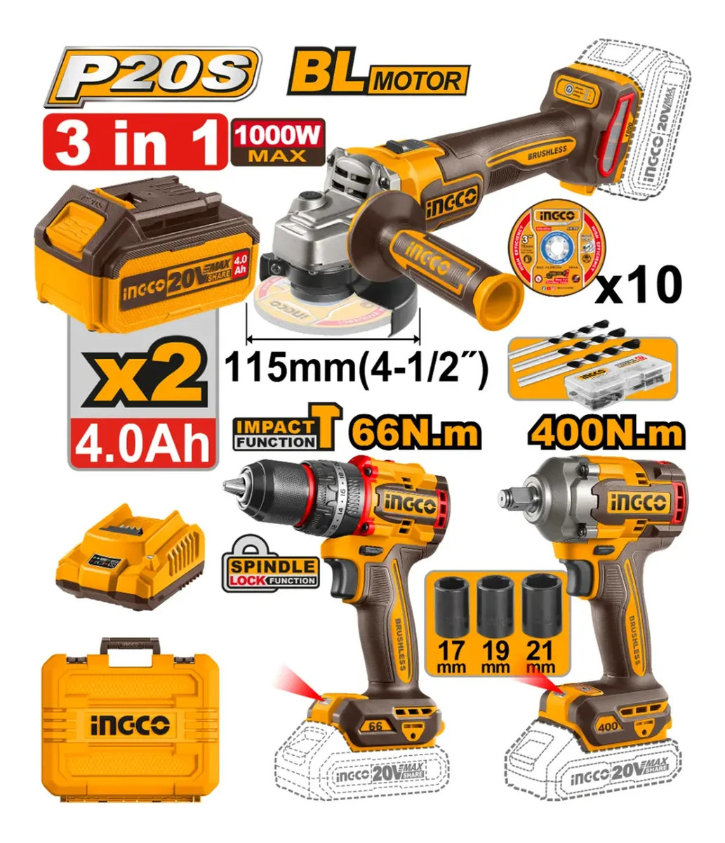 Ingco Cosli241291 Kit Combo Bateria Amoladora Taladro Llave - Imagen 3