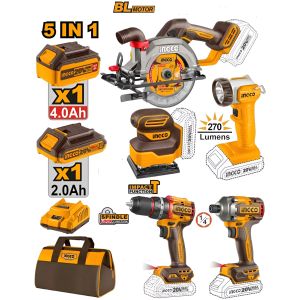 Kit Circular 20v Taladro +atornillad. Impacto Lijadora Ingco