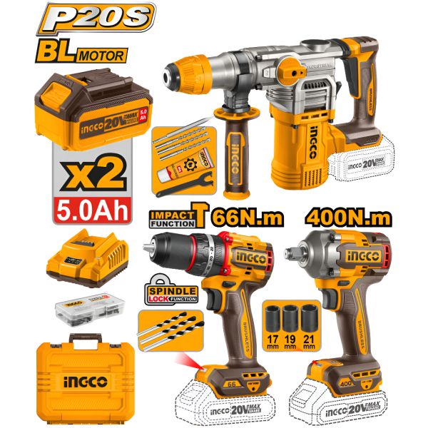 Kit A Bat P20s 20v C/rotomartillo+llave Impacto+taladro Ator