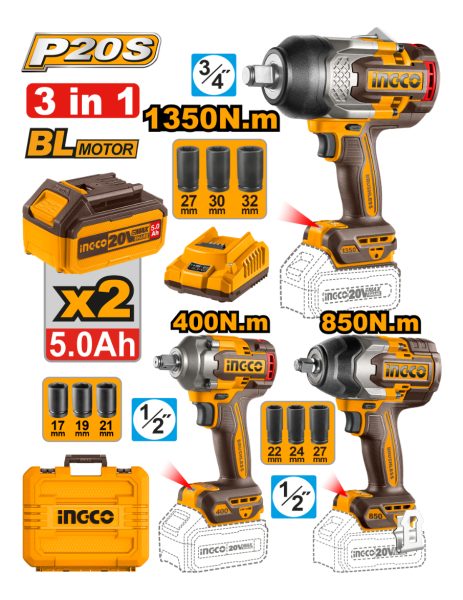 Kit 3 Llaves De Impacto + 2 Baterias 5ah Ingco Cosli250386 - Imagen 2