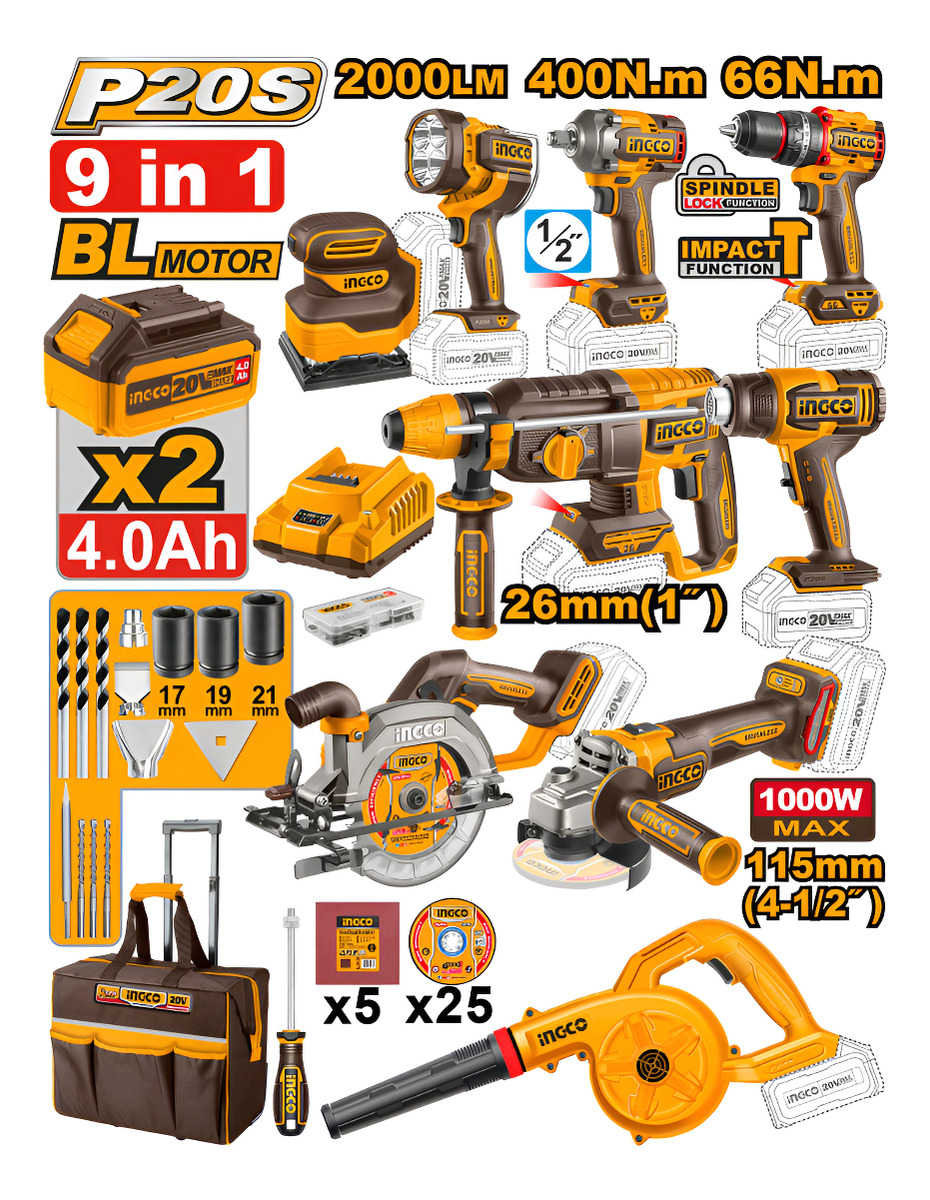 Kit Combo Ind Ingco 9 Herramientas A Bateria P20s + 2bat