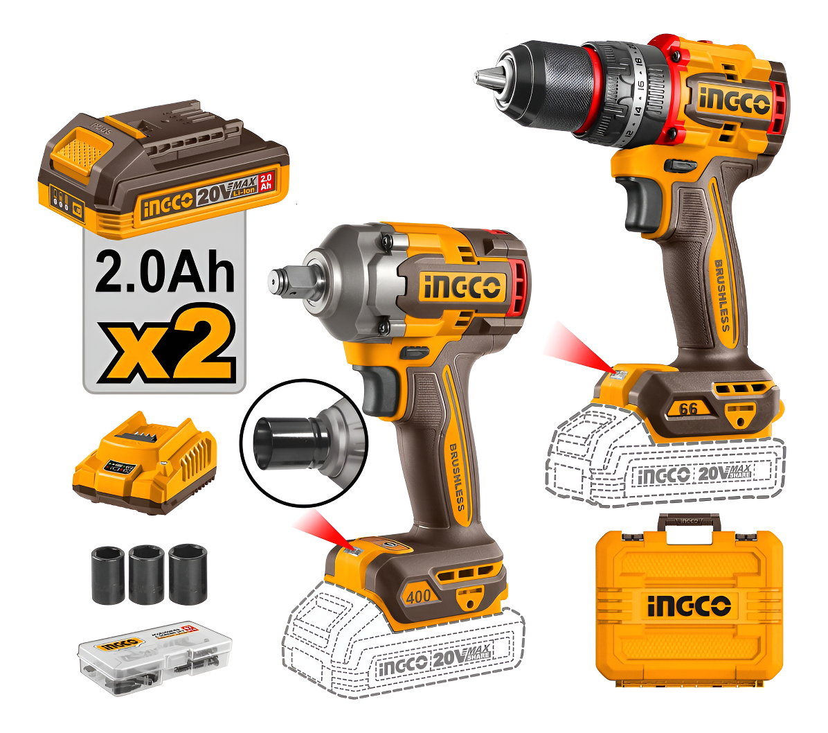 Set Atornillador Percutor 20v Bateria P20s + Llave De Impact