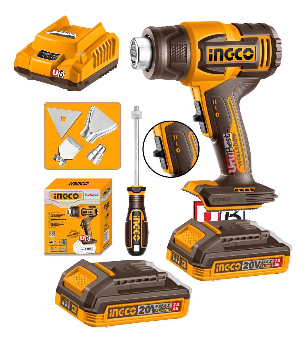 Pistola De Calor 20v +2 Baterias Y Cargador Ingco Hgli206