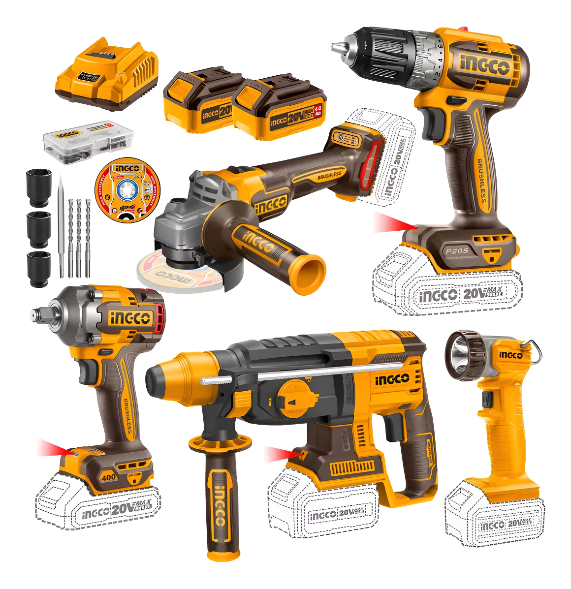 Taladro + Llave De Impacto + Amoladora + Rotomartillo Ingco