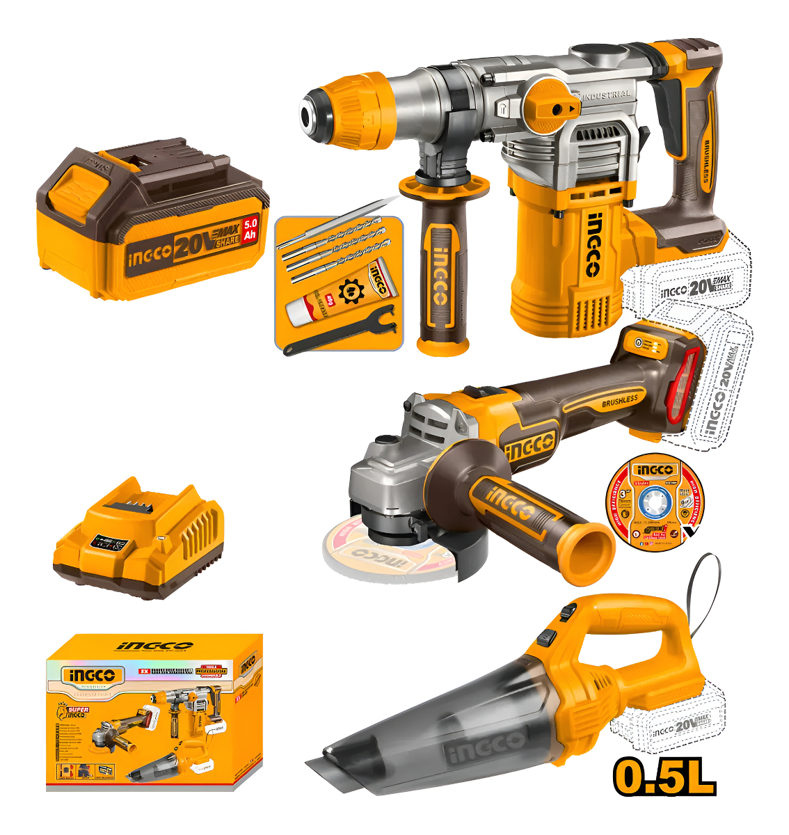 Kit Combo A Bateria Rotomartillo + Amoladora + Aspiradora