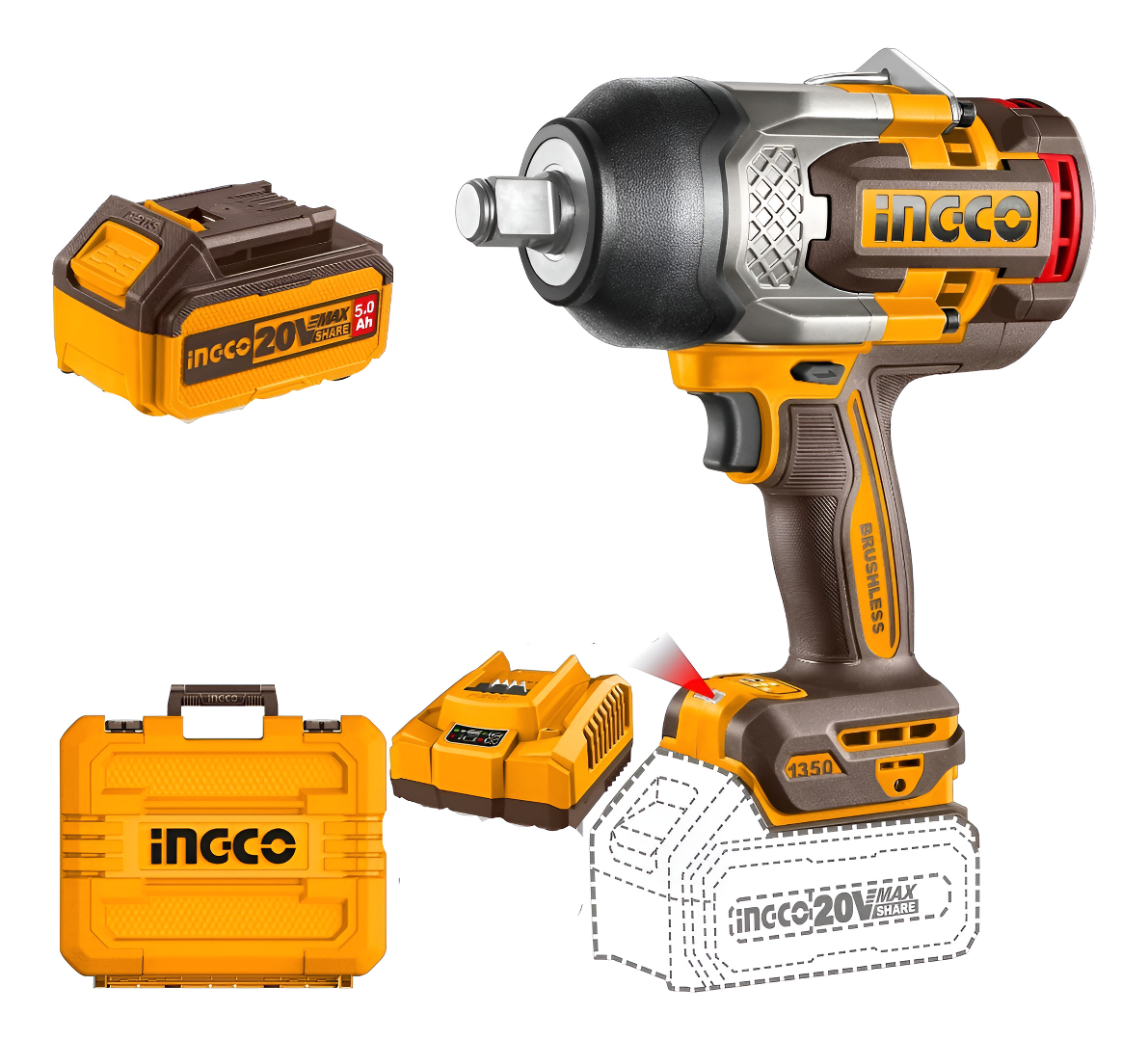 Llave De Impacto 2 Baterías 20v 3/4 1350nm Ingco Ciwli20135