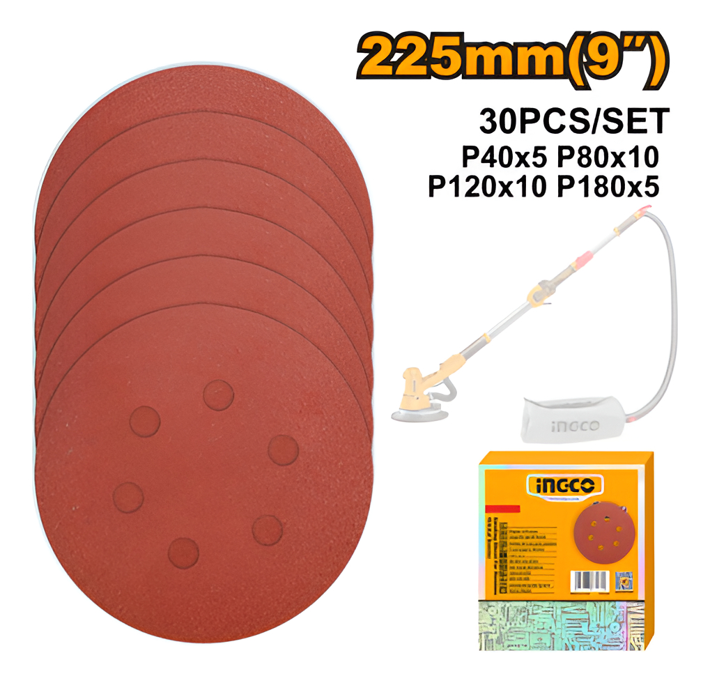 Set X 30 Lijas 9 225mm P/ Lijadora Orbital Ingco Akrs225030