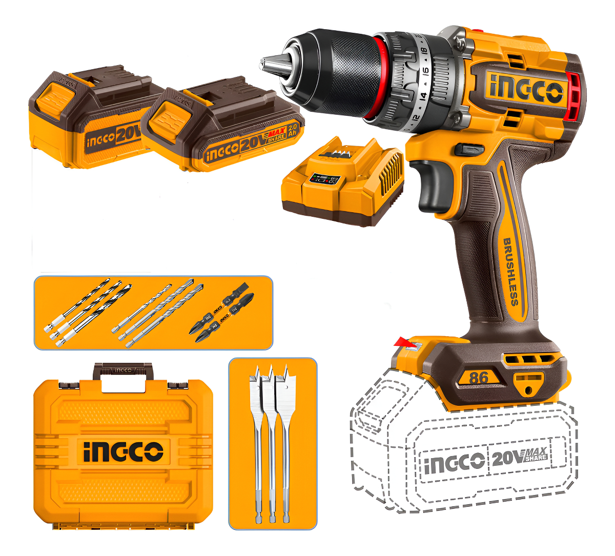 Taladro Atornillador Percutor 2 Baterías 20v 86nm Ingco Cidl